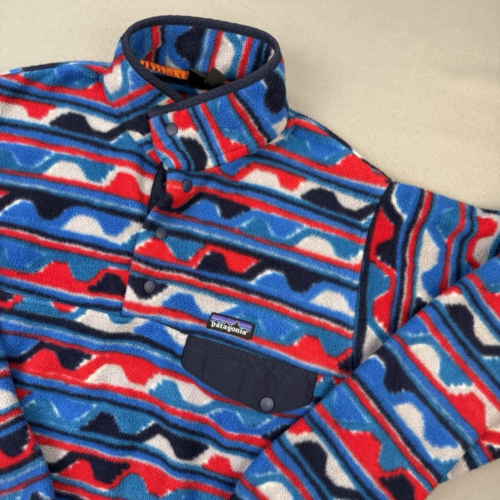 Patagonia Men's S Snap T Pullover Synchilla Delta Navy Blue Waves‎ Aztec Print